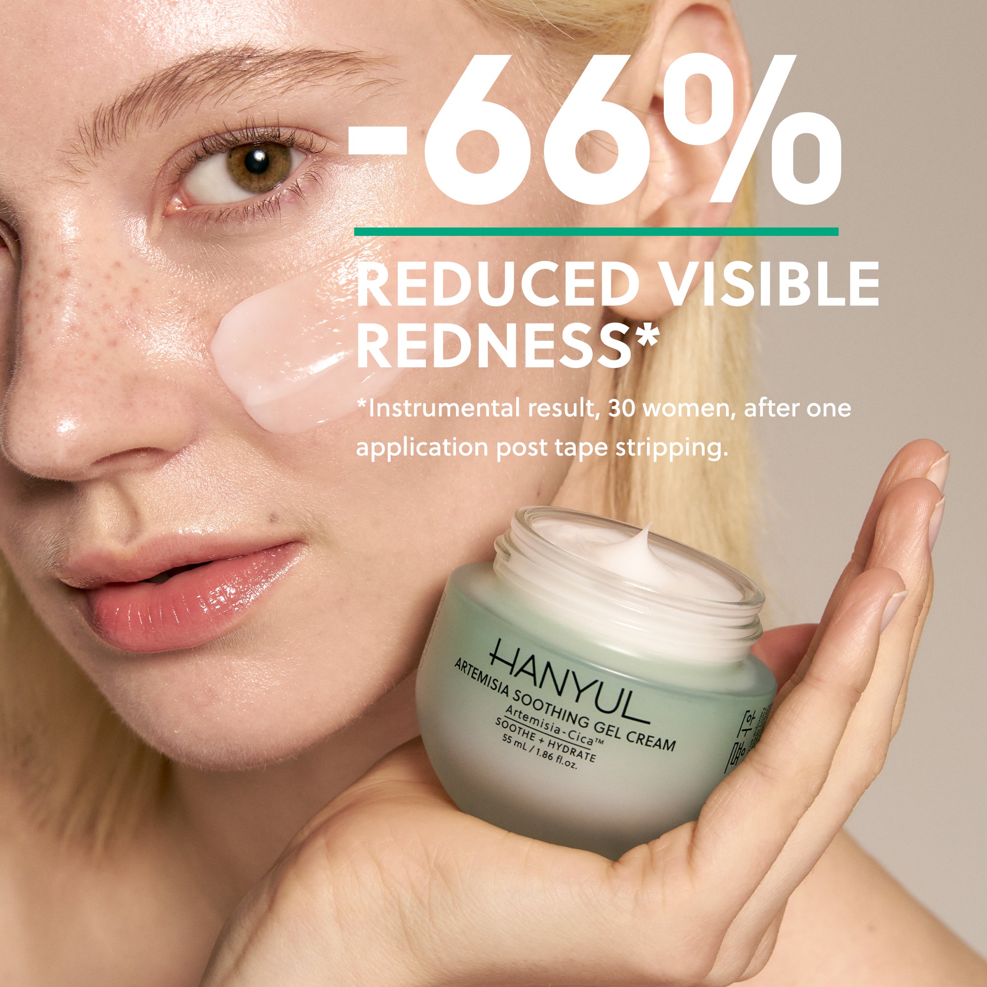 HANYUL Artemisia Soothing Gel Cream showing 66% reduction in redness after one use.