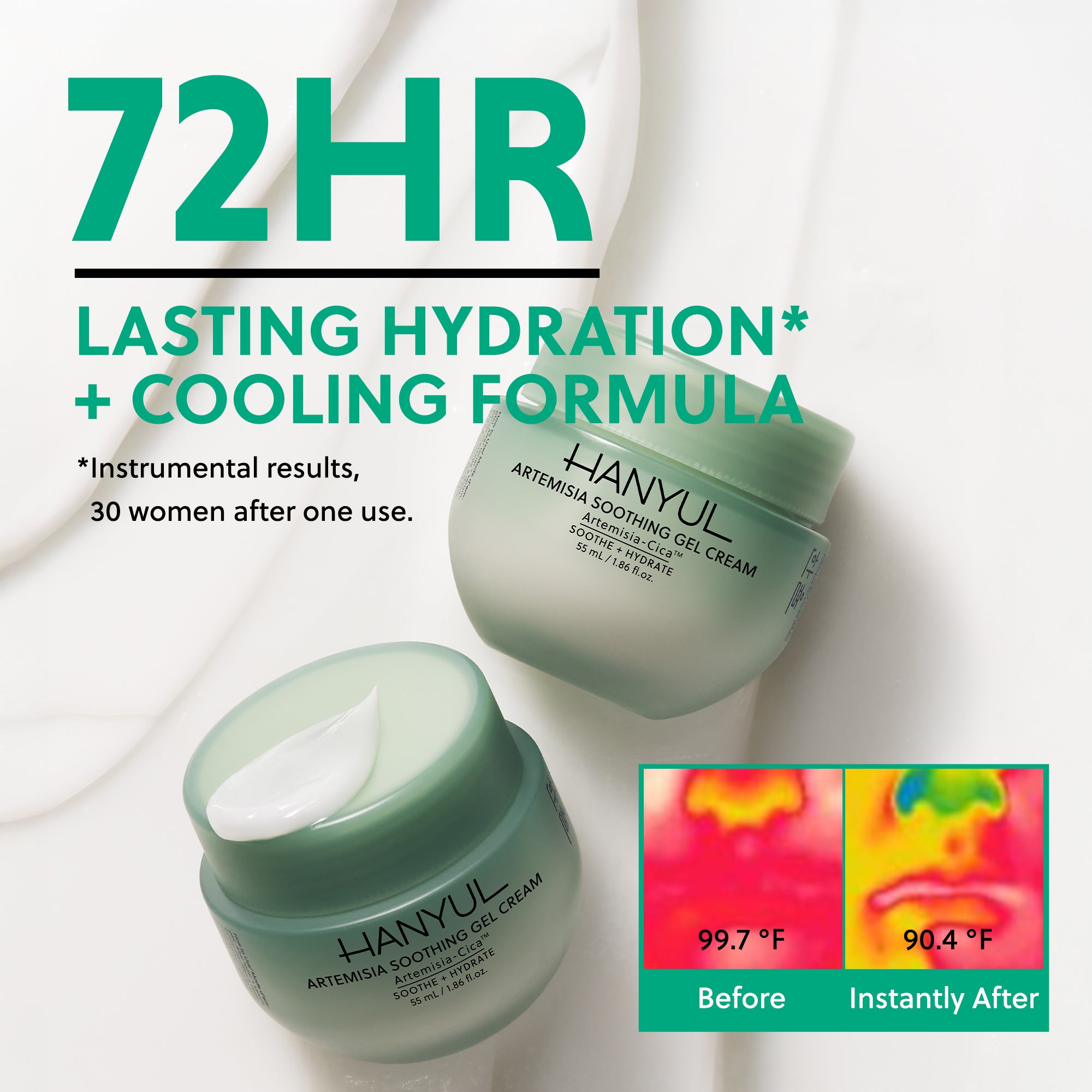 HANYUL Artemisia Soothing Gel Cream showcasing 72HR hydration and cooling effect with thermal comparison.