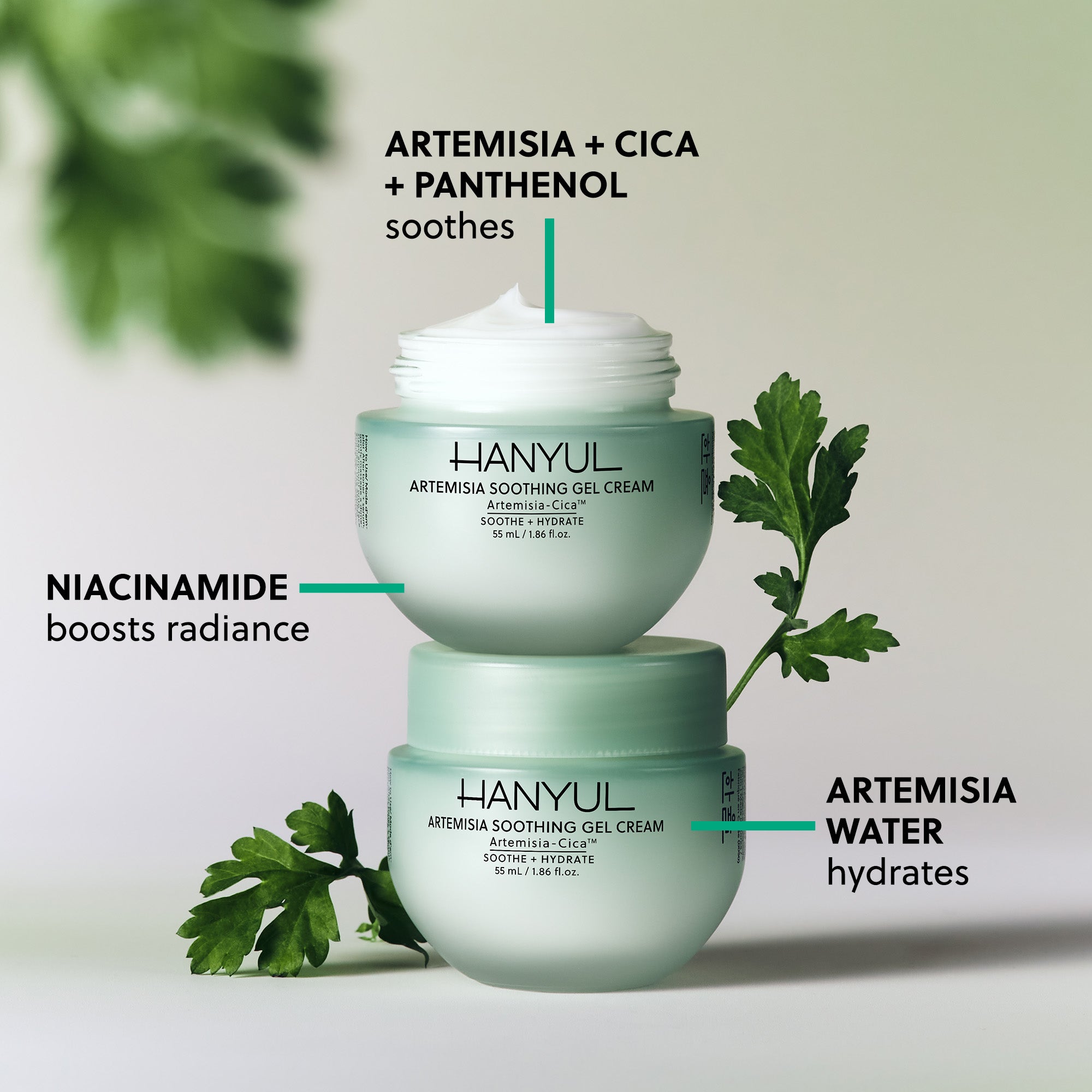 HANYUL Artemisia Soothing Gel Cream lineup with ingredient highlights including niacinamide and Artemisia water.
