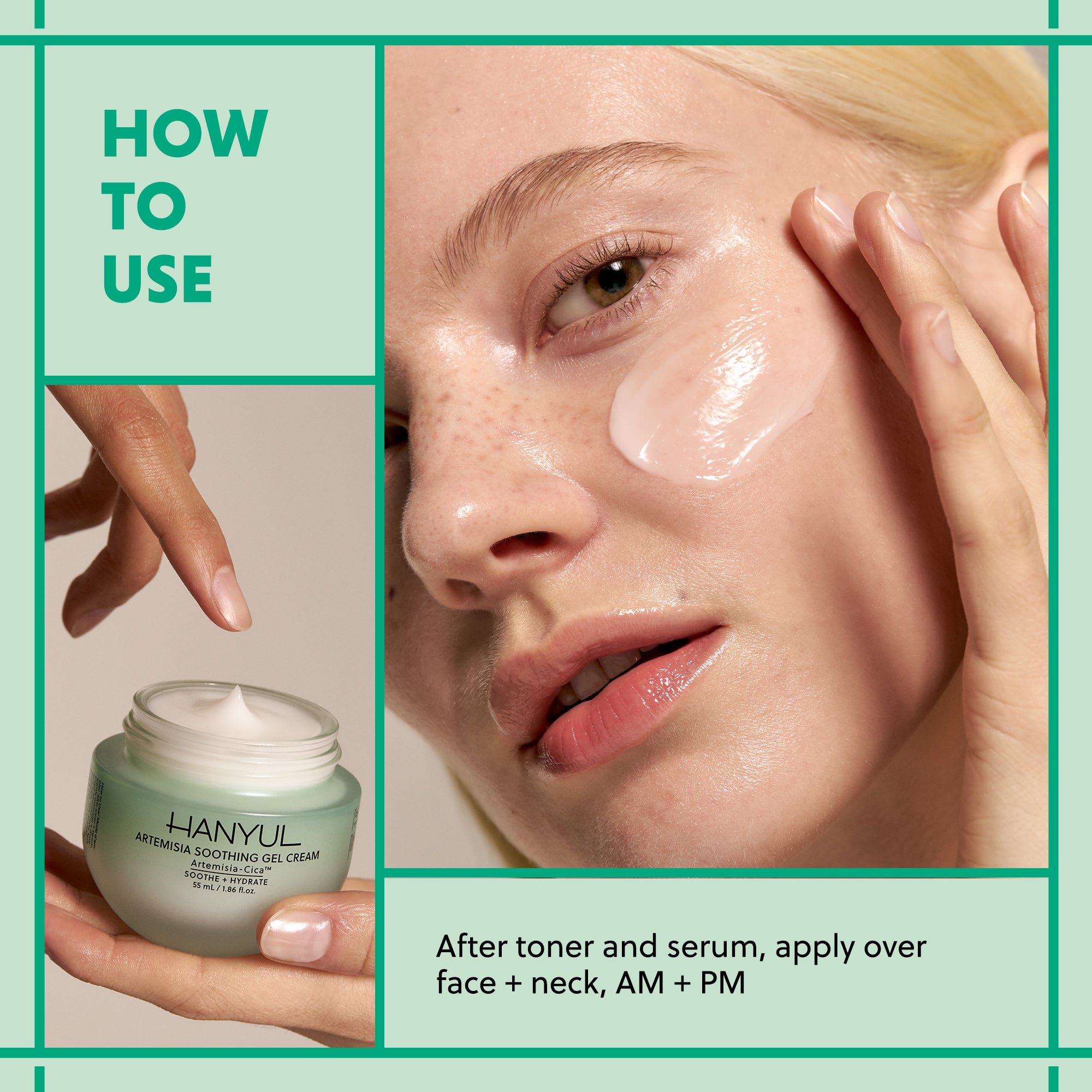 Instructions on applying HANYUL Artemisia Gel Cream over face and neck AM and PM.