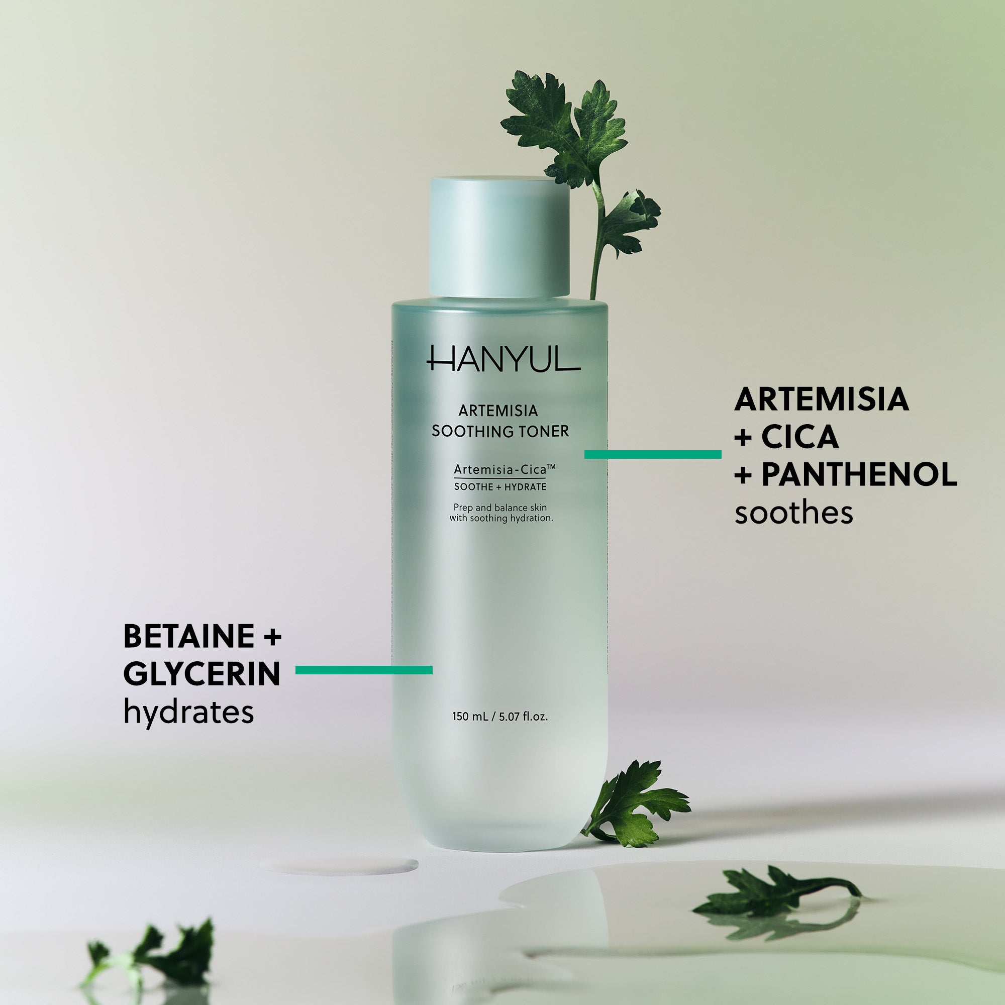 Product image of Hanyul Artemisia Toner highlighting key ingredients like betaine and panthenol.