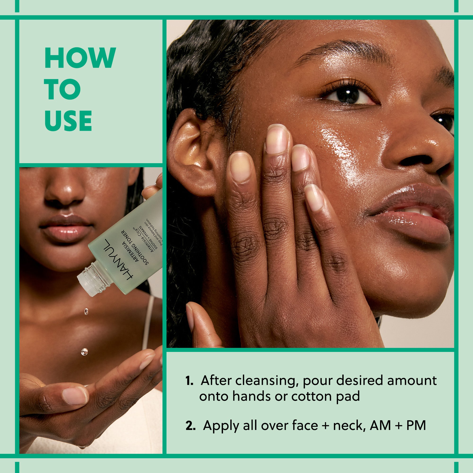 How to use HANYUL toner: pour onto hands or cotton pad and apply to face and neck.