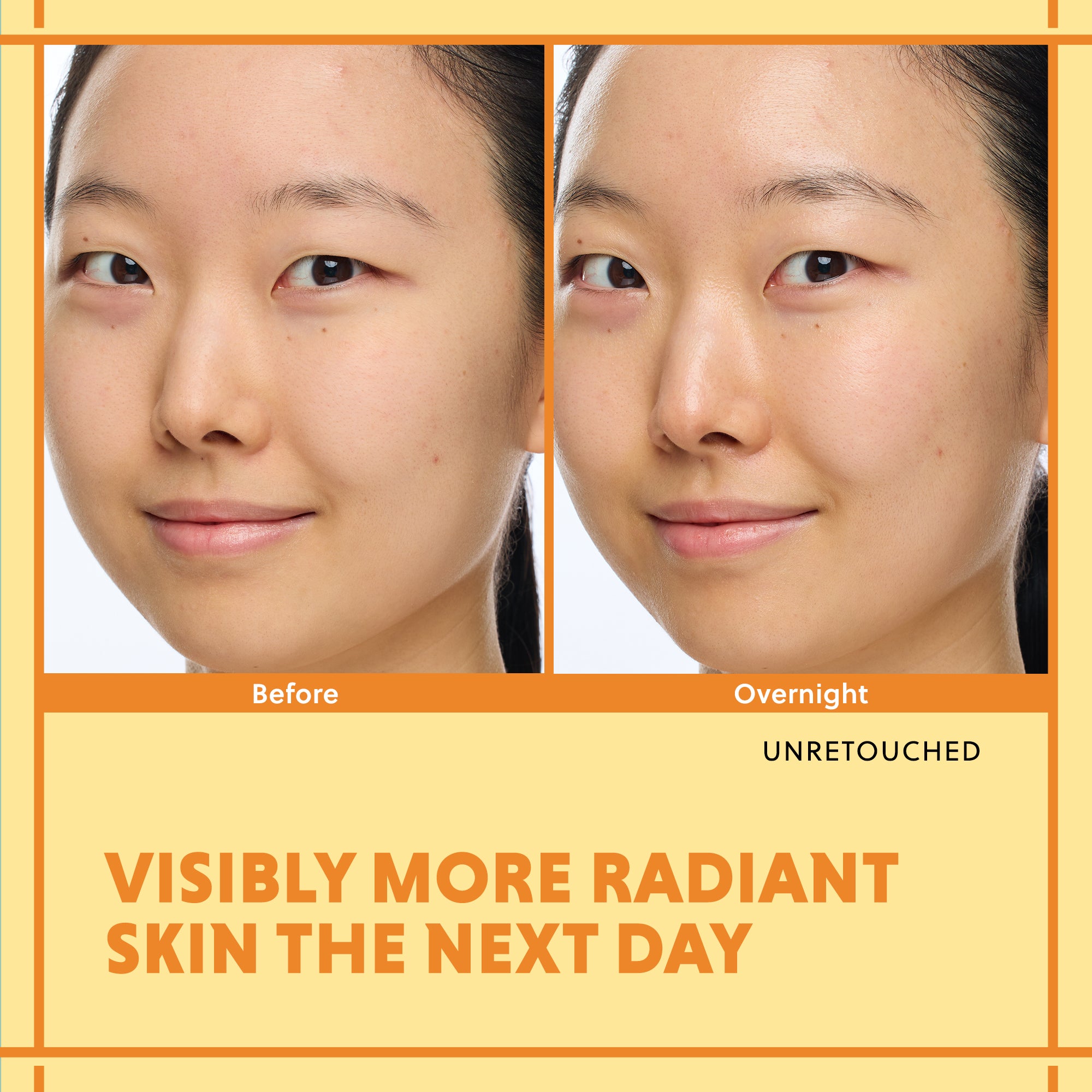 Side-by-side comparison of skin brightness before and after overnight use.