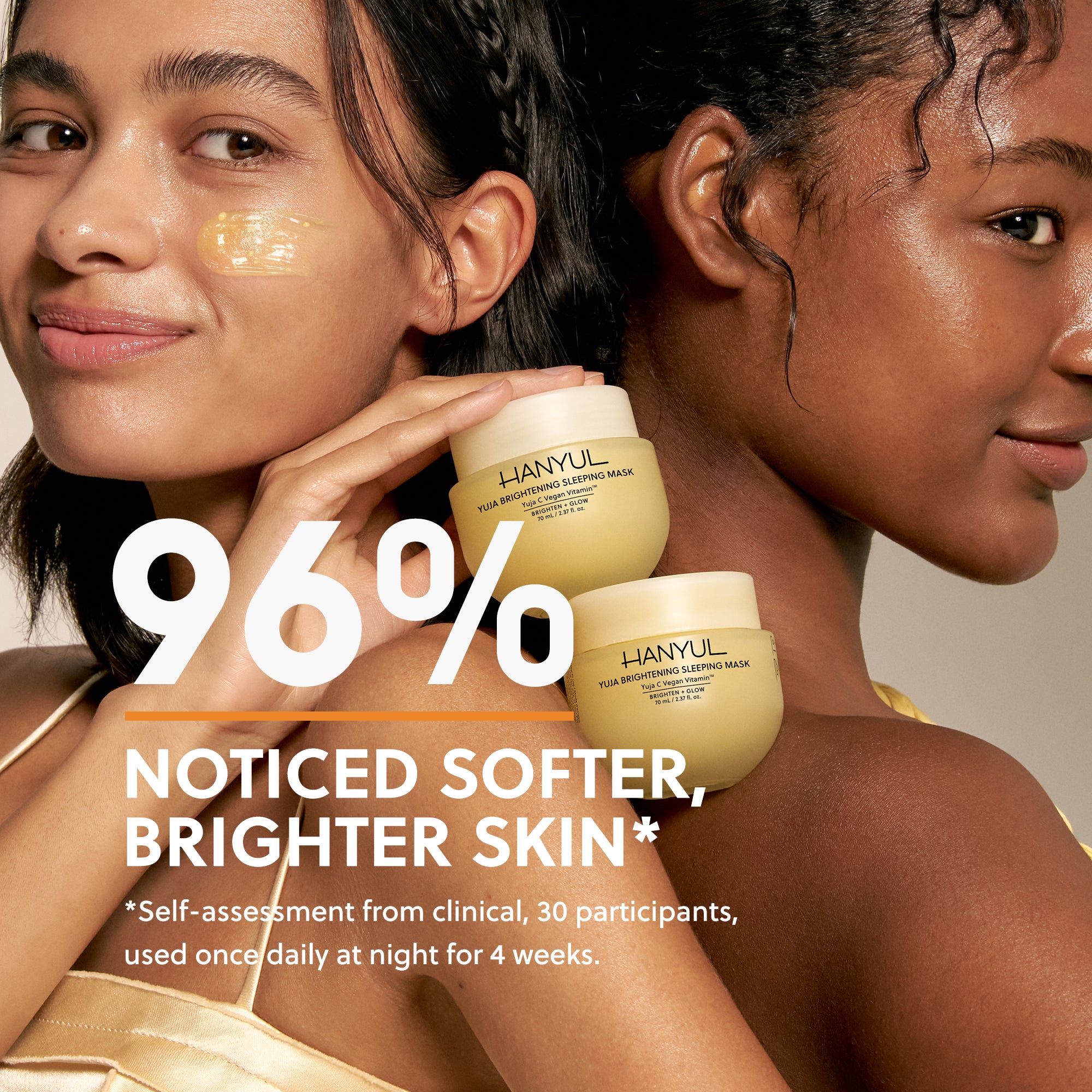 Two women using HANYUL Yuja Brightening Sleeping Mask; 96% reported softer, brighter skin.