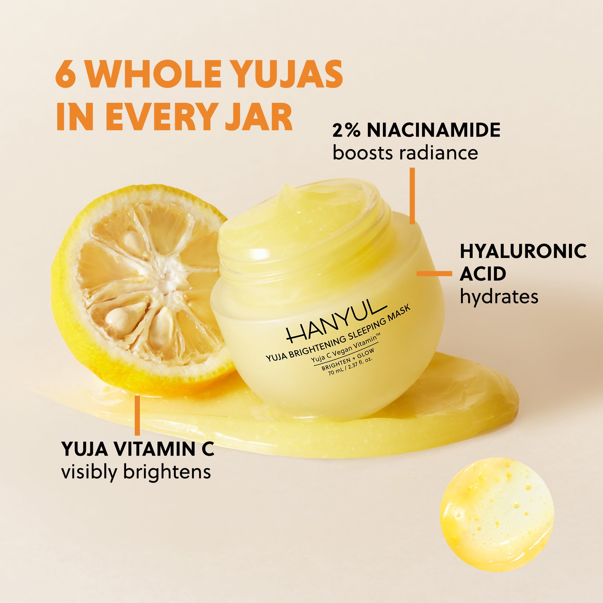 Display image of Yuja Brightening Sleeping Mask with focus on niacinamide, hyaluronic acid, and key ingredients.