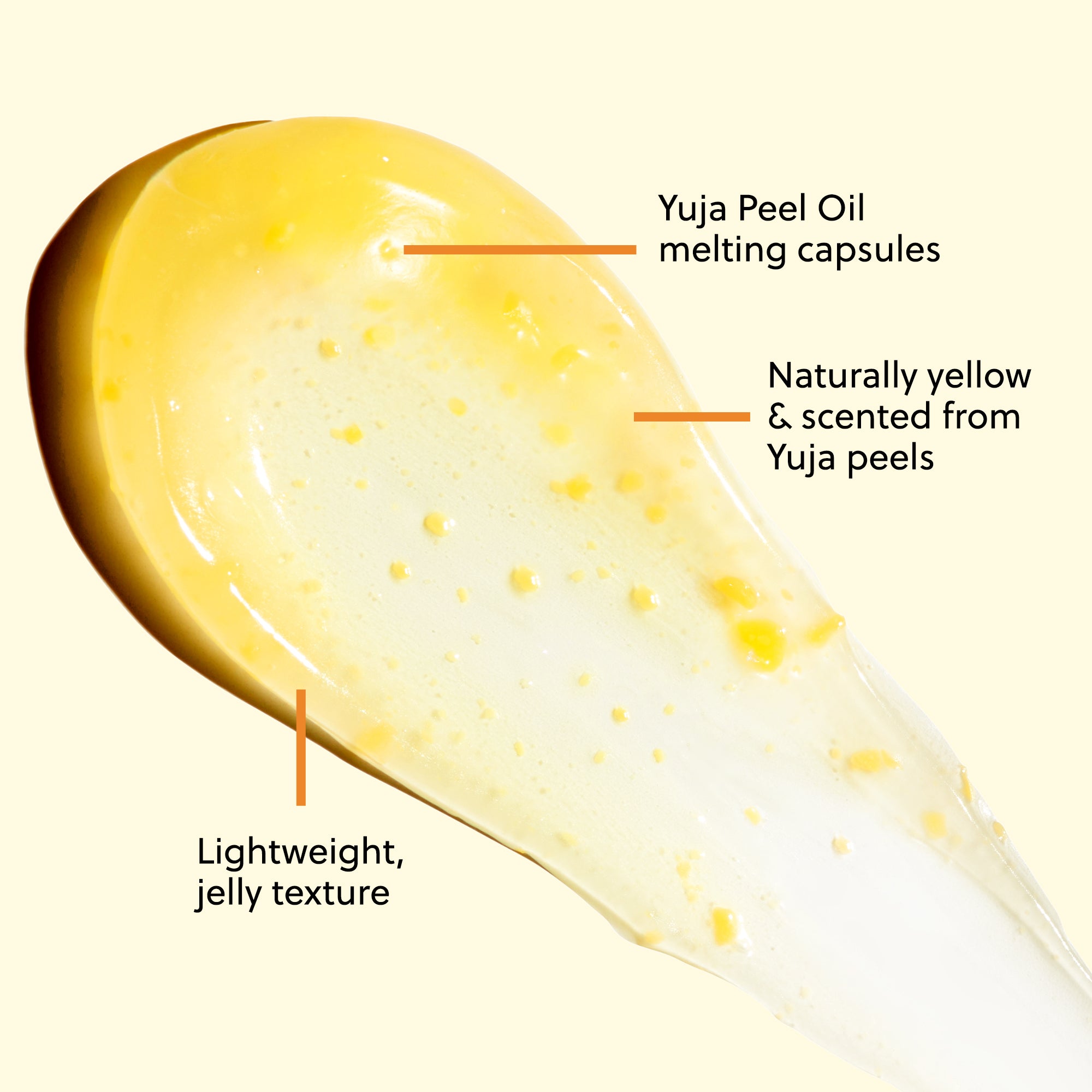 Texture shot of yellow gel formula containing yuja peel oil capsules.