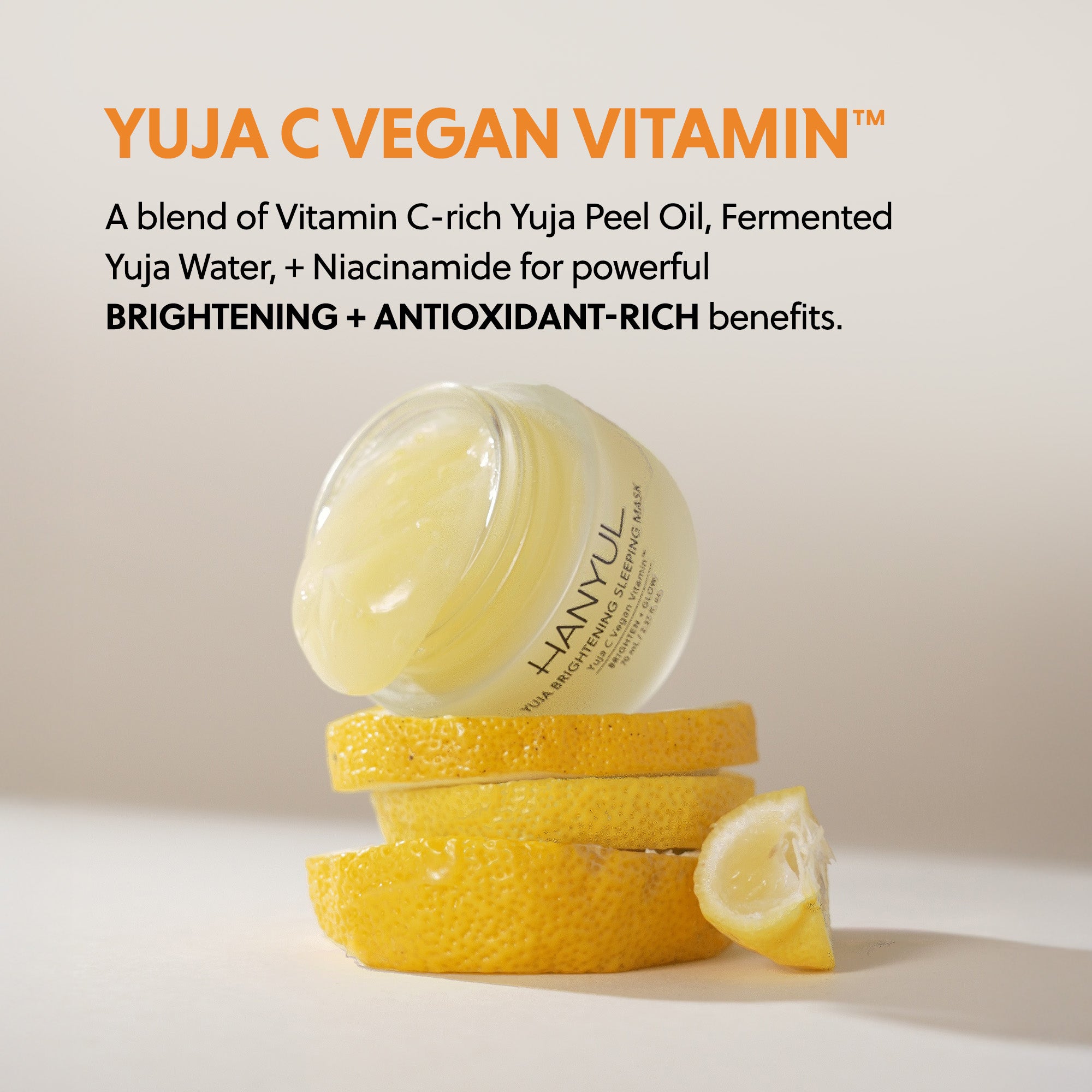 Introduction to Yuja C Vegan Vitamin featuring Yuja peel oil, fermented Yuja water, and niacinamide for brightening and antioxidants.