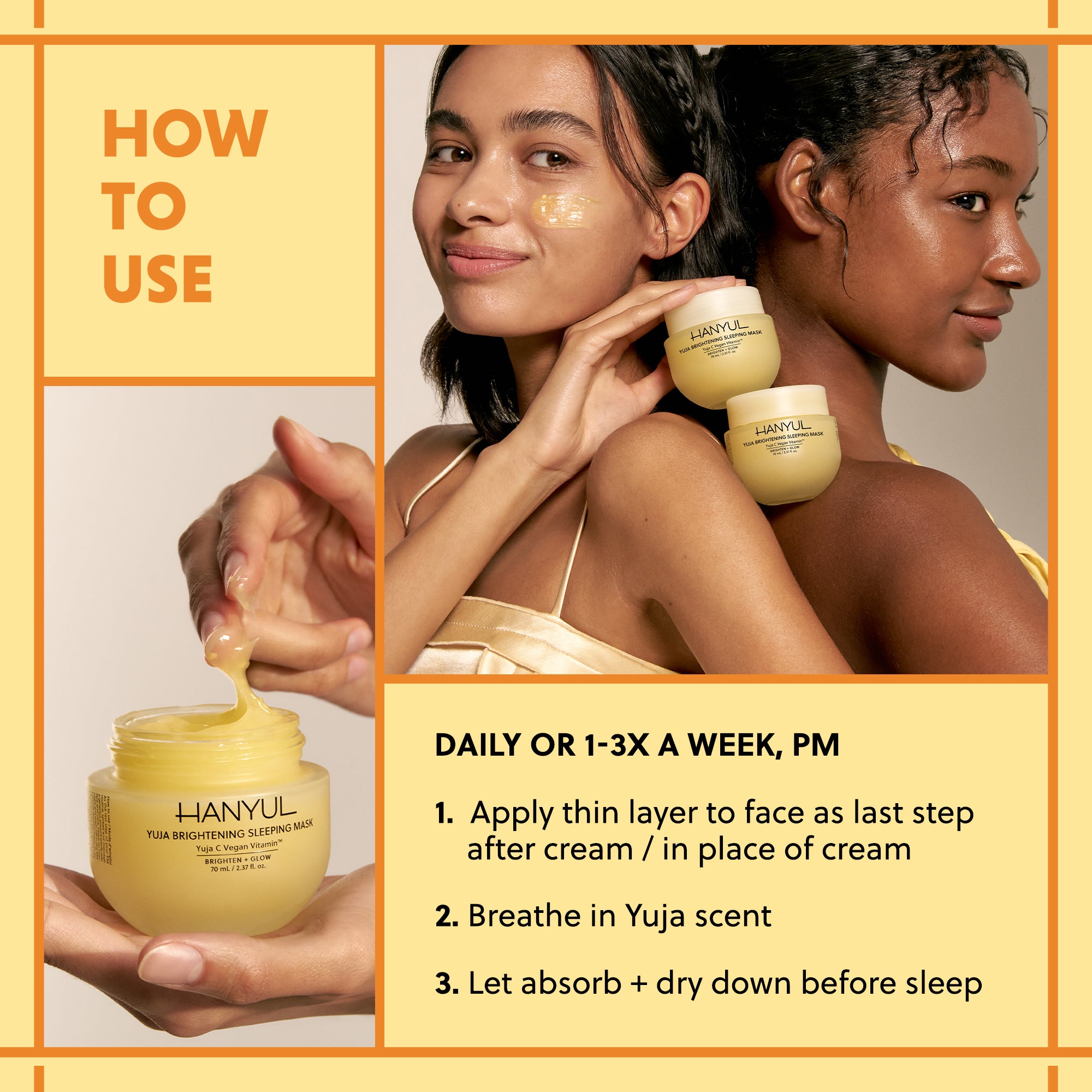 Instructions for using HANYUL Yuja Brightening Sleeping Mask: apply thinly and let dry before sleep.