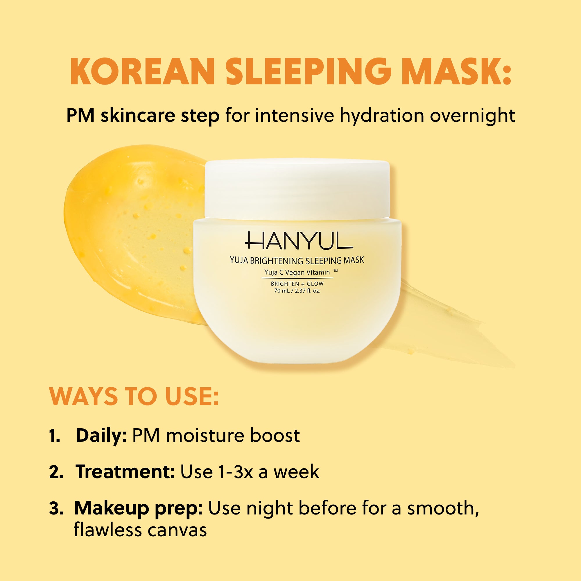 Instructional image detailing the usage of Yuja Brightening Sleeping Mask for daily and makeup prep routines.